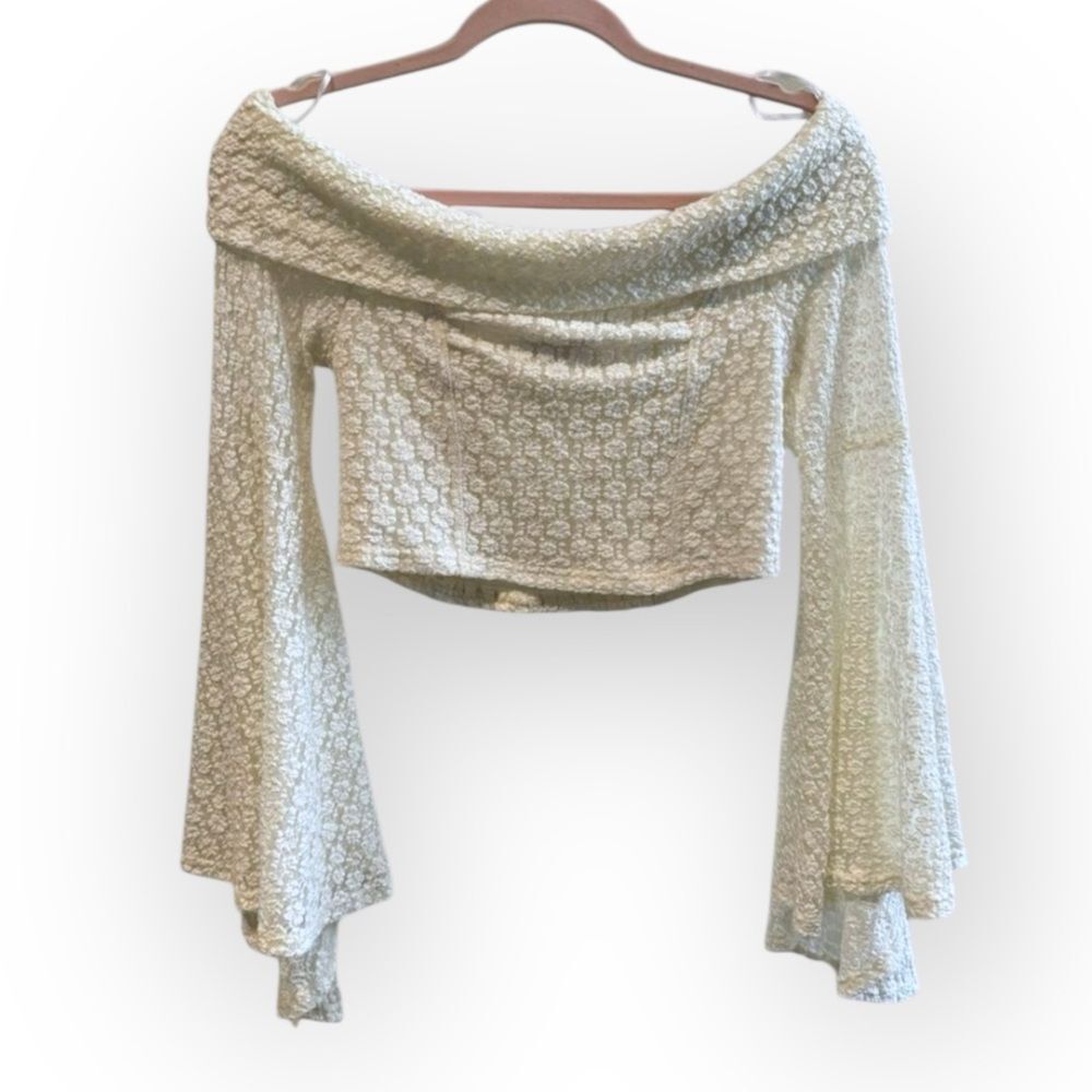 By Together Off-Shoulder Bell Sleeve Crop Top | Ivory Lace | Size M | NWT